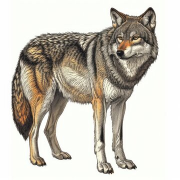 Colored picture of wolf, woodcut, old vintage style, hand drawn simple graphics, isolated on white background