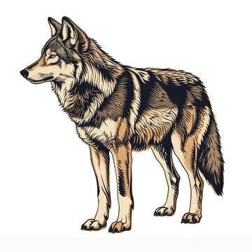 Colored picture of wolf, woodcut, old vintage style, hand drawn simple graphics, isolated on white background