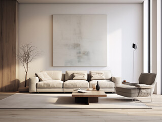 Modern living room space, monochromatic, muted colors, earth tones, interior design, living room