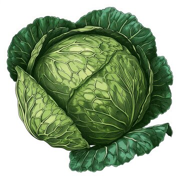 Green cabbage, woodcut, old vintage style, hand drawn simple graphics, isolated on white background