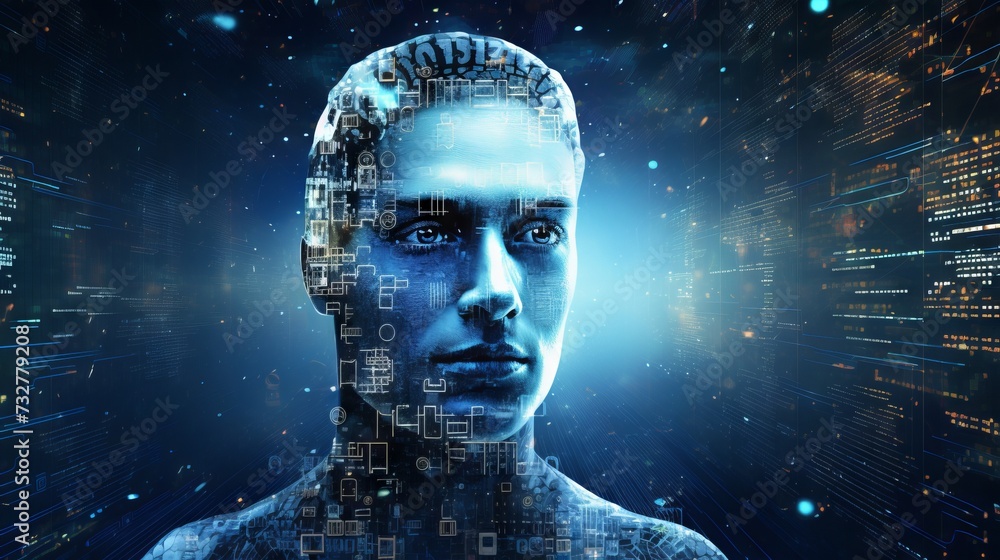 Poster digital male face with circuitry, set against a backdrop of code and data streams. concept of ai, te
