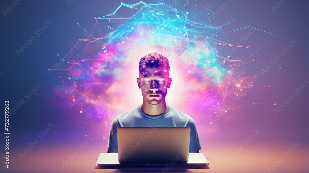 Poster young adult using computer with a vibrant brain network graphic. concept of digital intelligence, ma