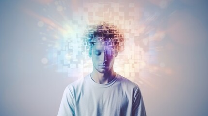 Person with a head transforming into digital blocks. Concept of virtual reality, digital identity, online anonymity, internet usage, and virtual presence.