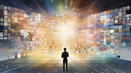 Man facing a wall of glowing images representing big data. Concept of data analysis, digital archive, streaming services, virtual reality, and information technology.