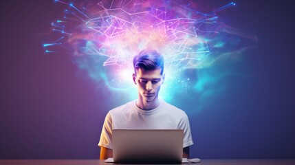 Man at a laptop with a colorful neural network illustration. Concept of artificial intelligence learning, cognitive computing, and data analysis.