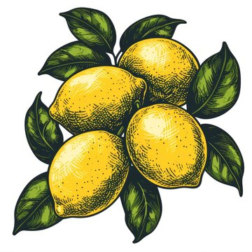Lemons, woodcut, old vintage style, hand drawn simple graphics, isolated on white background
