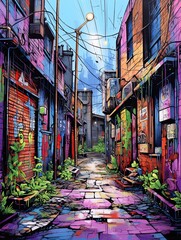 Fototapeta premium Urban Graffiti Alleyways Landscape Poster: Vibrant Alley Artwork Dominates the Street Art Scene