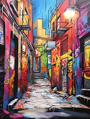 Urban Graffiti Alleyways: Original Painting of Alley Artwork in Modern Street View