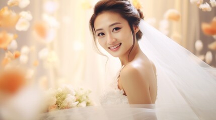 Fototapeta premium Young Asian woman in white wedding dress with a veil. Beautiful bride. Close up. Light festive background. Concept of wedding day, marriage, bridal beauty, and romance.