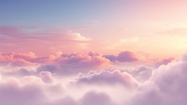 Serene sky with fluffy clouds in tender pastel colors. Beautiful sky. Copy Space. Concept of calming background, nature, minimalist design, sunrise, dreamscape