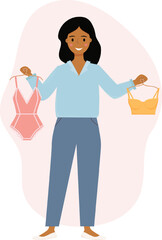 African american saleswoman, shop assistant in lingerie store. Seller holds in her hands and shows woman bra. Vector illustration.