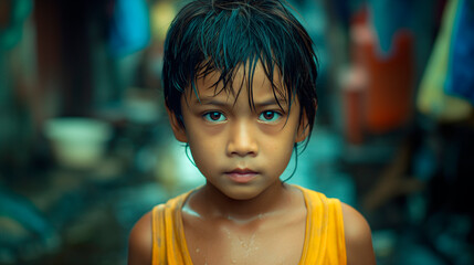 Retrato de niño filipino joven, moreno, de ojos negros, primer plano, con fondo desenfocado - obrazy, fototapety, plakaty