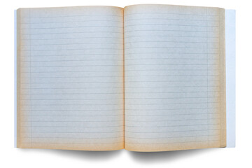Old open vintage lined notebook with yellowed pages, offering a blank canvas for creative ideas and thoughts. Isolated.