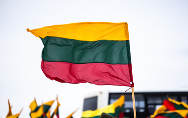The national flag of Lithuania flutters in the wind