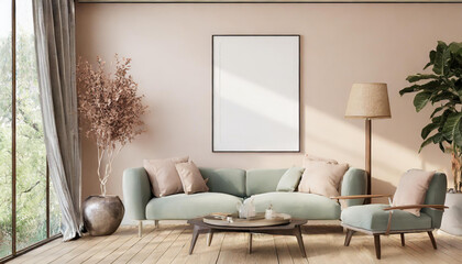 Single vertical superbig glossy frame mockup, reflective glass, mockup poster on the wall of living room. Interior mockup. Apartment background. Modern Japandi interior design. 3D render