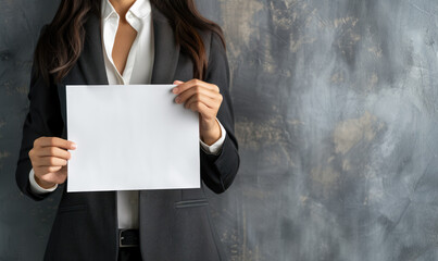 professional businesswoman presenting a blank white paper on a textured dark background