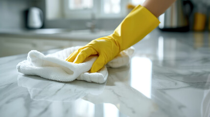 hand in yellow glove wiping kitchen marble surface , cleaning  house  concept