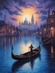 Romantic Gondola in Venice, Vintage Twilight Landscape - Exquisite Art Print - obrazy, fototapety, plakaty