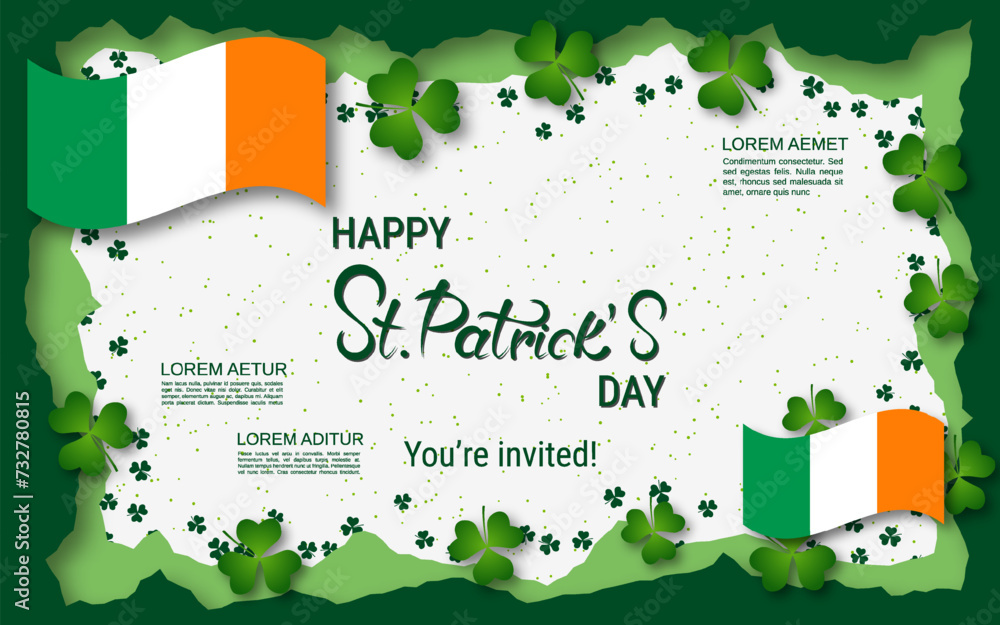 Poster st.patrick's day vector illustration. white background with colorful clover leaves and design elemen