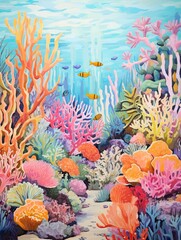 Fototapeta na wymiar Vibrant Coral Ocean Art: Vintage Painting of Reef Explorations for Beach Decor