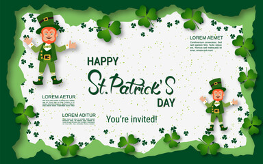 St.Patrick's Day vector illustration. White background with colorful clover leaves and design elements