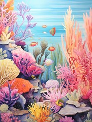 Vibrant Coral Scene: Vintage Reef Explorations - Seascape Art Print