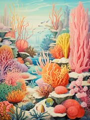 Vibrant Coral Ocean Decor: Reef Explorations in Vintage Seascape - Beach Art Print