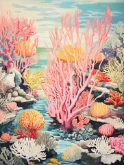 Fototapeta na wymiar Vibrant Coral Ocean Scene: Vintage Art Seascape Wall Decor - Reef Explorations!