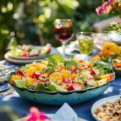 Leichter Sommersalat auf Gartentisch