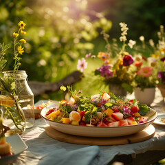 Leichter Sommersalat auf Gartentisch
