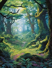 Vibrant Landscape of Ancient Sacred Groves: Nature Art Woodland Art Print