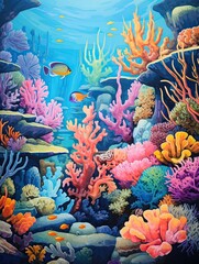 Vibrant Coral Wall Decor: Reef Explorations in Vintage Seascape - Ocean Art