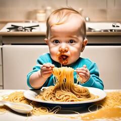 Cute baby eating Italian spaghetti in a kitchen