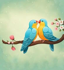Pair of lovebirds kissing on floral branch