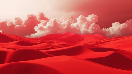 In a surreal 3D rendering, a landscape painted in shades of red stretches out, with billowing clouds hovering above