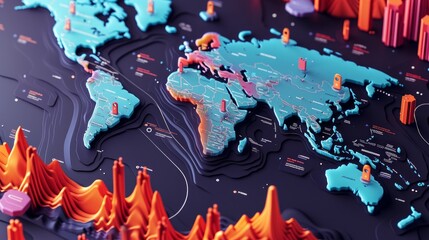 A 3D vector illustration presents a world map in a modern style, accompanied by an infographic design template