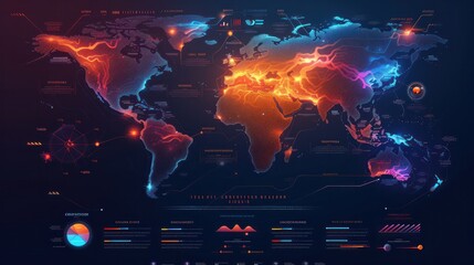 A 3D vector illustration presents a world map in a modern style, accompanied by an infographic design template