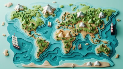 A 3D vector illustration presents a world map in a modern style, accompanied by an infographic design template