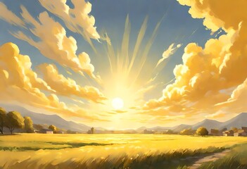 landscape painting of a sunset over a field.