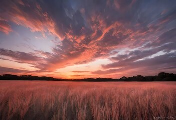 a sunset over a field of tall grass.
