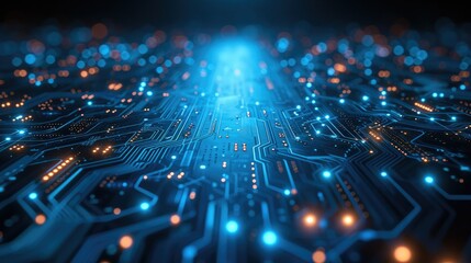 A futuristic blue background of technology with circuit lines. Generative AI.