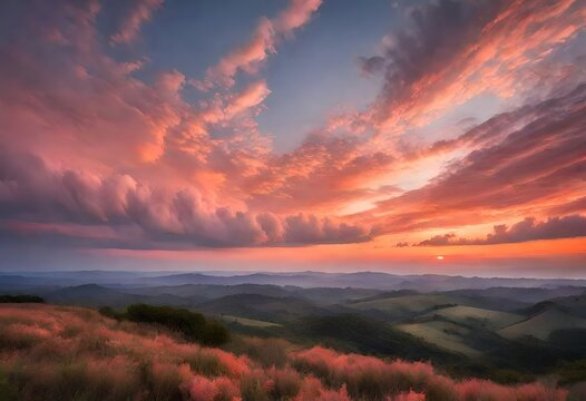 a beautiful sunset over a lush green field. 