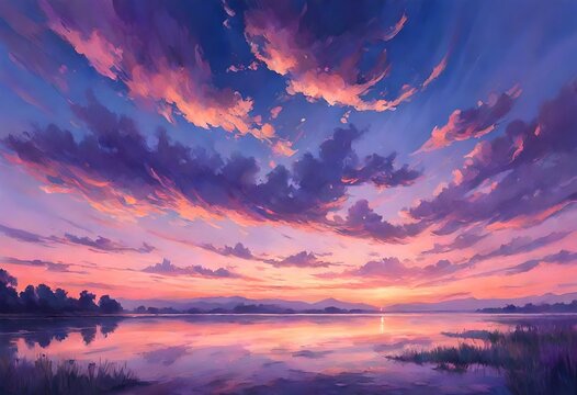 a painting of a sunset over a lake. 
