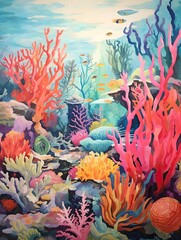 Vibrant Ocean Exploration: Vintage Coral Reef Painting and Nature Art