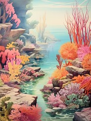 Fototapeta na wymiar Vibrant Seascape Art: Coral Reef Explorations - Vintage Wall Decor of Nature's Dynamic Seas