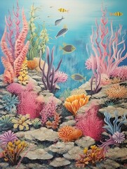 Fototapeta na wymiar Vibrant Seascape Art: Coral Reef Explorations | Vintage Wall Decor | Nature Scene
