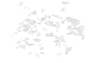 Fresh coconut flakes on white background, top view. Close-up - obrazy, fototapety, plakaty