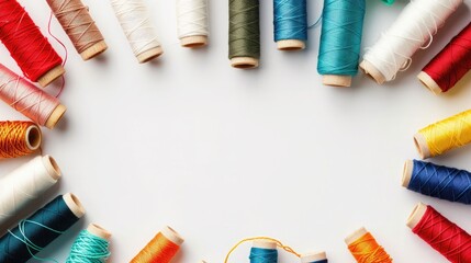 Color sewing threads on white background, top view - obrazy, fototapety, plakaty