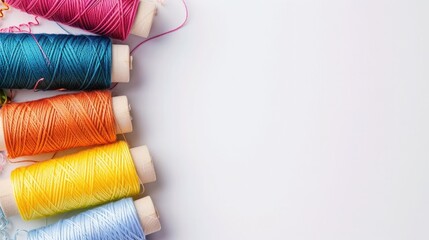 Color sewing threads on white background, top view