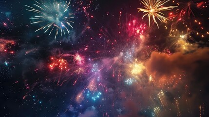 Obraz na płótnie Canvas Colorful fireworks of various colors over night sky